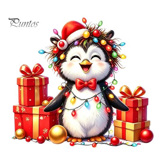 Holiday Scene Setting Decals Christmas Spotted Puppy/Penguin Static Window Sticker, Cute Watercolor Animal Glass Stickers with Colorful Lights & Gift
