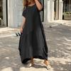 Summer Fashion Women V Neck Loose Cotton Linen Dress Oversized Long Maxi Dress Short Sleeve Female S-5XL