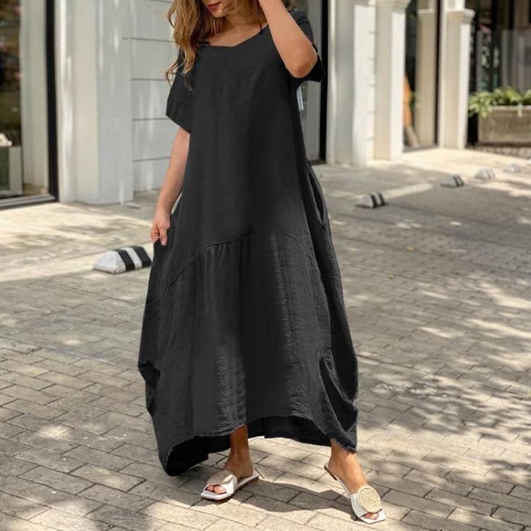 Summer Fashion Women V Neck Loose Cotton Linen Dress Oversized Long Maxi Dress Short Sleeve Female S-5XL