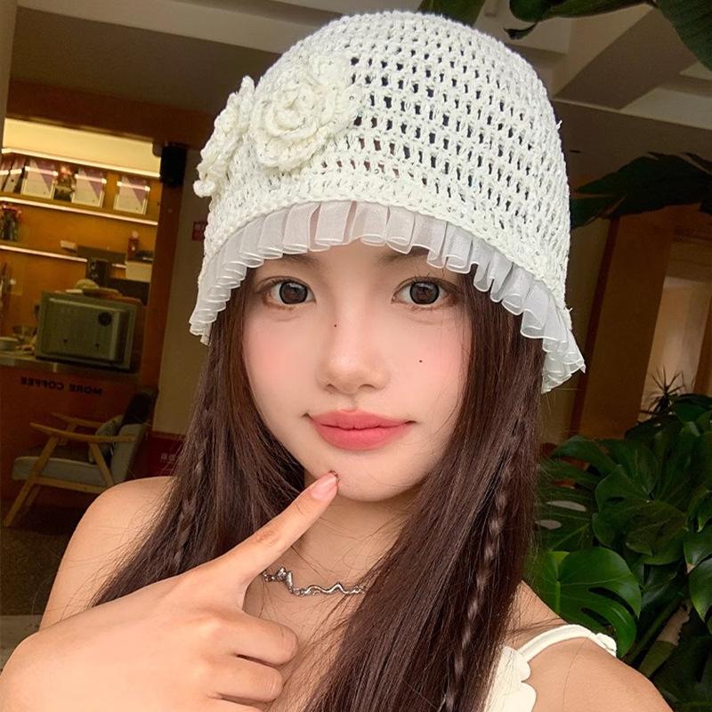 Korean Version of Mesh Three dimensional Flower Head Hat for Women In Summer Breathable and Fashionable Face showing Small Hat White Hollow Head Hat