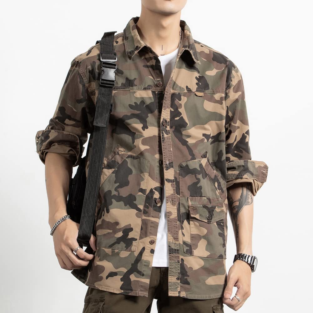 Netero Maskáčové Dlouhé Vojenské Maskáčové Cargo Army s Pánskou Košilí, Rukávem, Bavlnou, Košile, Styl, Neformální, Styl, Kapsy, Khaki,