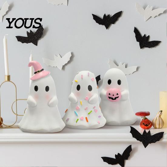 Desktop Figurine for Kids Cute Halloween Ghost Resin Figurine, Candy Pumpkin Witch Hat Small Statue Desk Decor Girls, Pink White Kawaii Tabletop