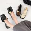 Vintage Mid Heel Black Pumps Women's Soft Sole Belt Buckle Loafers Square Toe Leather Shoes for Women Fashion Office Ladies Shoe