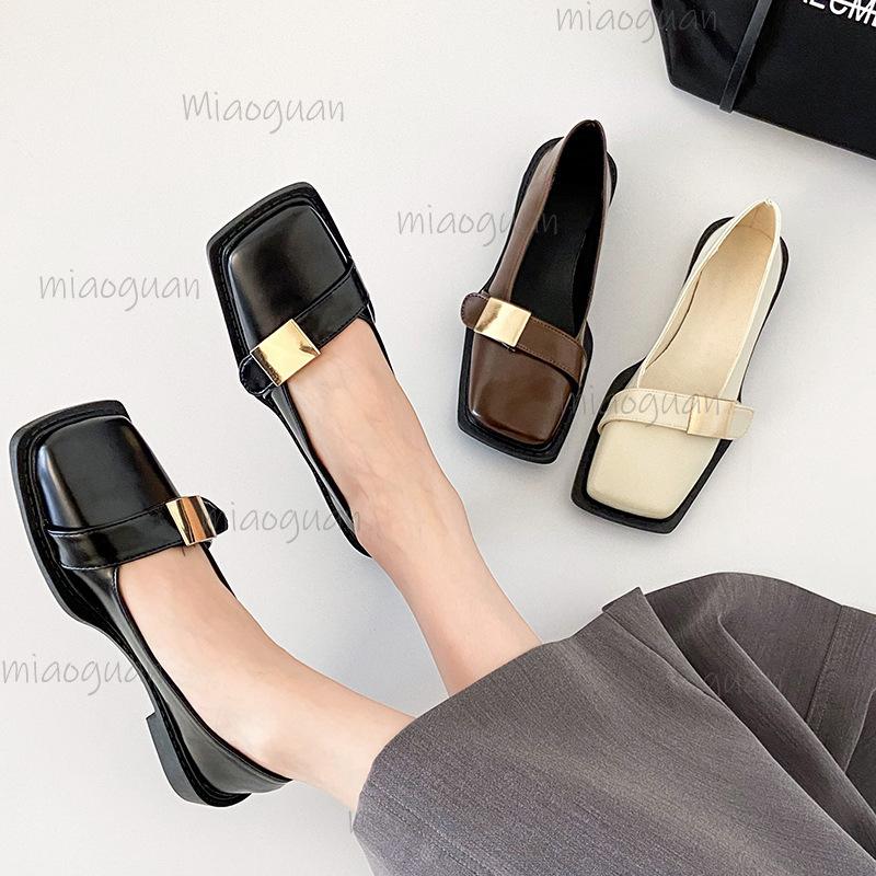 Vintage Mid Heel Black Pumps Women's Soft Sole Belt Buckle Loafers Square Toe Leather Shoes for Women Fashion Office Ladies Shoe