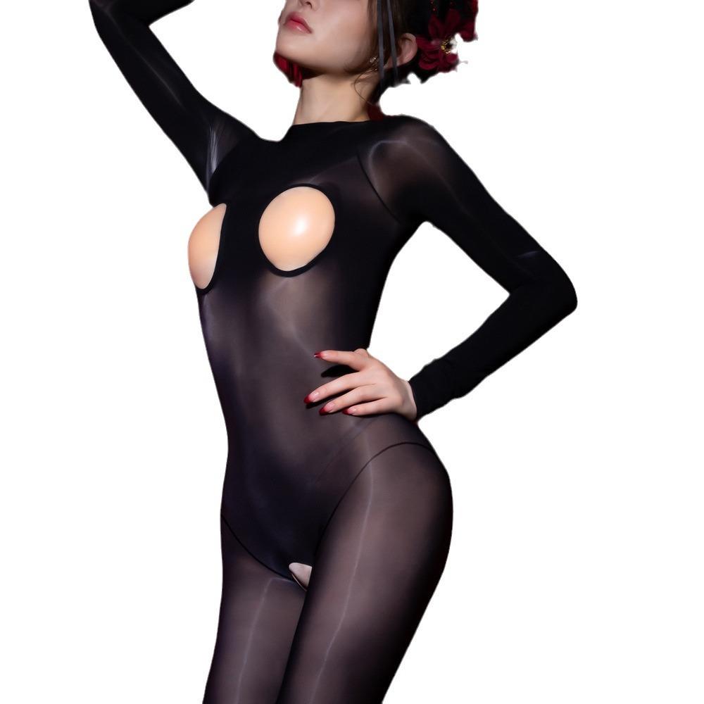 Hollow Out High Cut Patchwork Catsuit Glossy Shiny Bodystocking Close Open Crotch Bodysuit Tight Leotard Conjoined Unitard