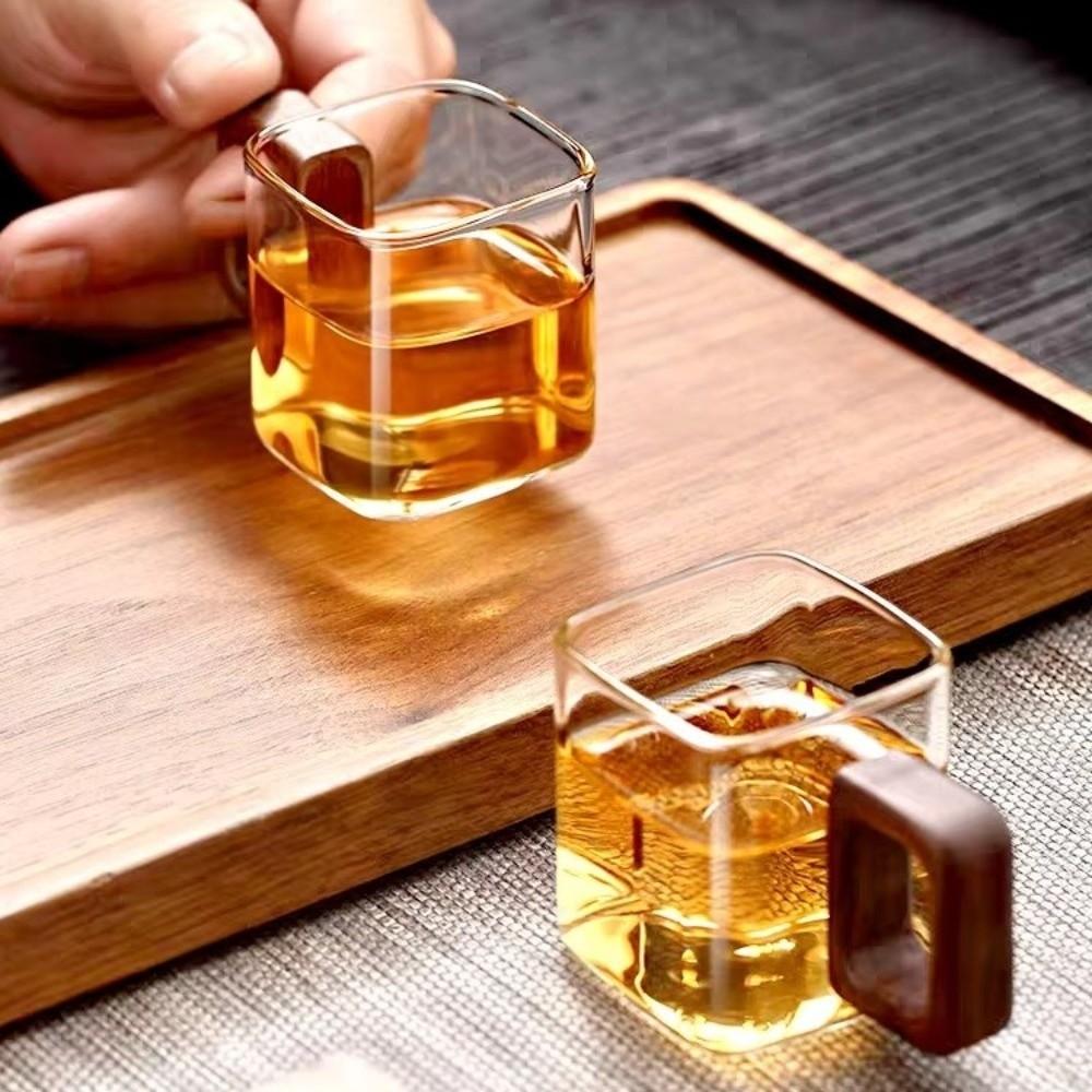 Practical Thicken Glass Coffee Mug Wooden Handle Square Teacup Heat-resistant Mini Breakfast Milk Cup Cafe