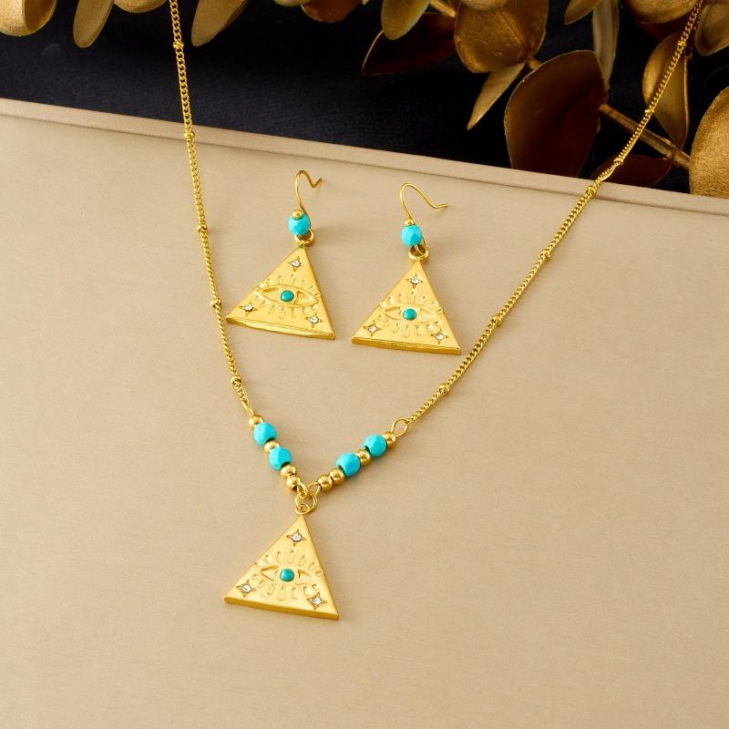 Gold Evil Eye Triangle Jewelry Set with Turquoise Beads for Women