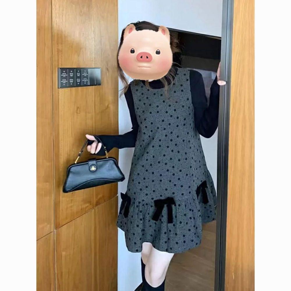 Gray Polka Dot Vest Dress - Women's Autumn/Winter Miu Style, Sleeveless with Bow and Layered Design