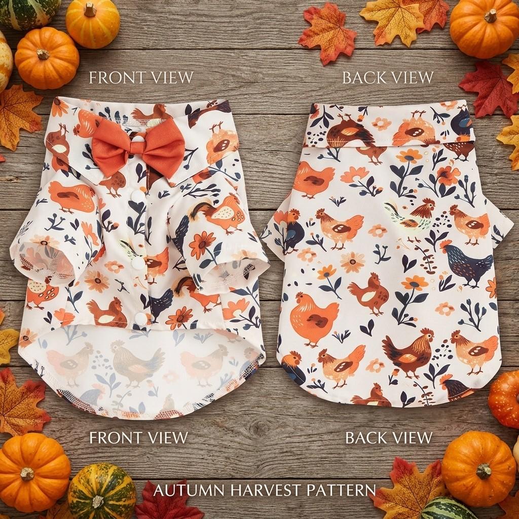 Fall Dog Shirt Chicken Print Pet Clothes with Bowtie Autumn Harvest Floral Puppy Thanksgiving Apparel for Small Medium Dogs Cats