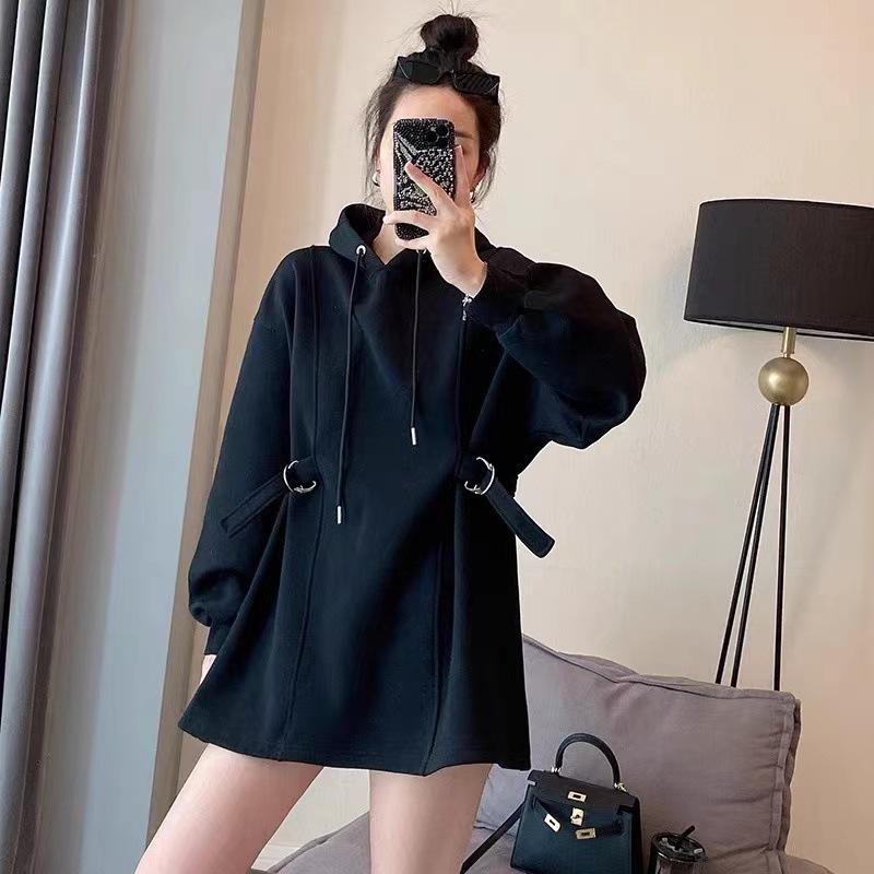 Fleece Thickened Black Hooded Waist Sweater Women s Design Sense Loose Medium and Long Top XXL