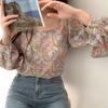 Cute Top Floral Print Young Square Neck Puff Sleeve Lovely Ladies Blouse for Work