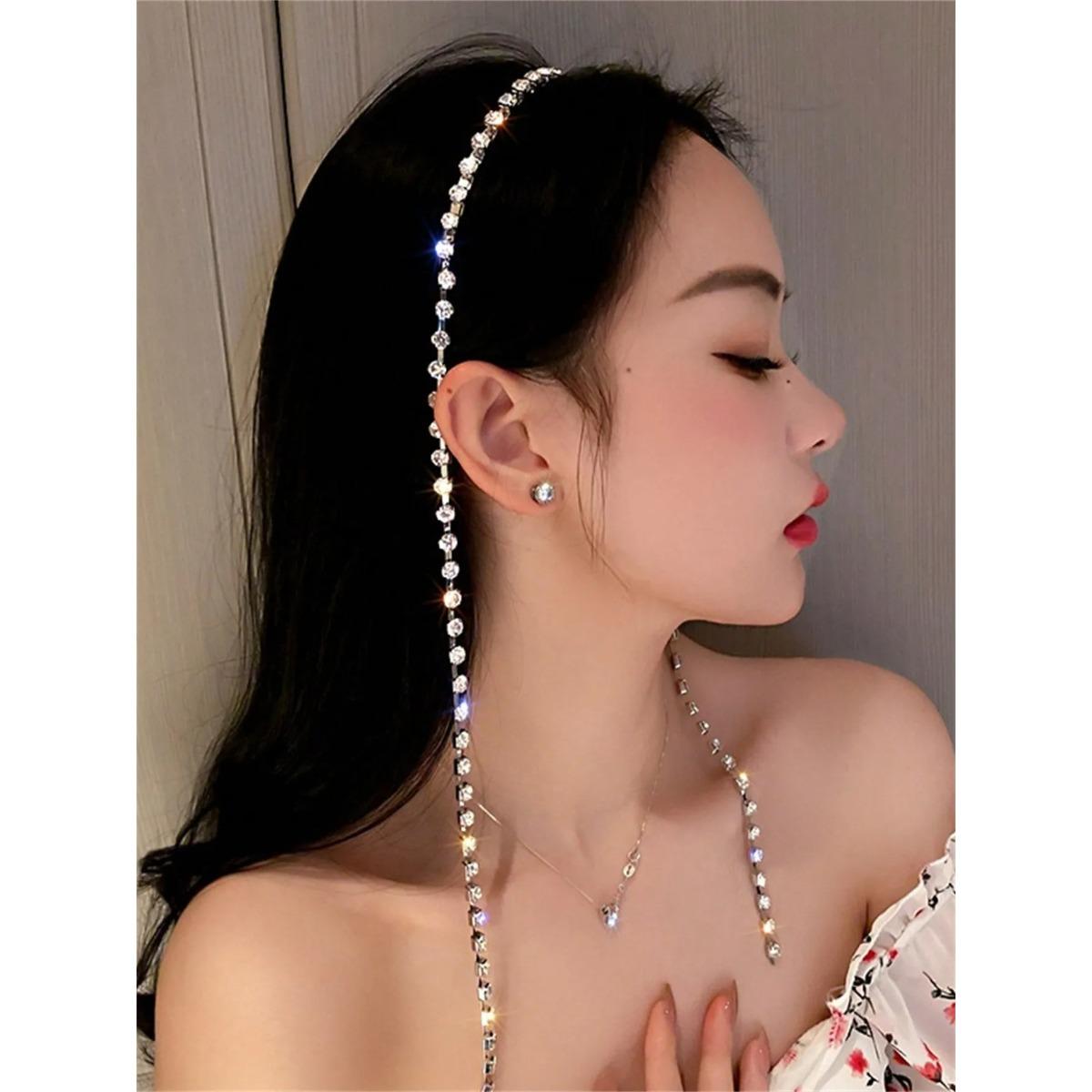 

1 женская модная простая личностная приливная повязка на голову с бриллиантовой бахромой, дизайн темперамента, аксессуары для волос Size fits all