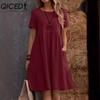 QICED Women's Fashion Summer Spring Solid Color Print O-Neck High Waist Casual Dresses