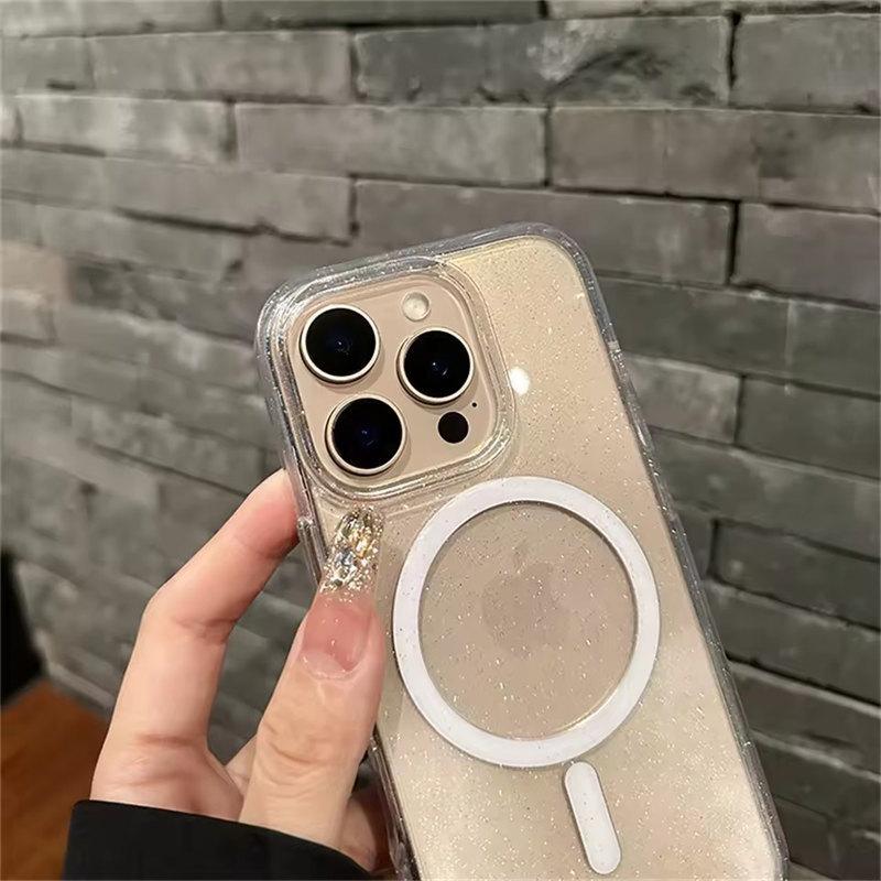 For Magsafe Bling Glitter Transparent Shockproof Case For iPhone 16 12 13 14 15 Pro Max Plus Armor Hard Lens Protection Cover