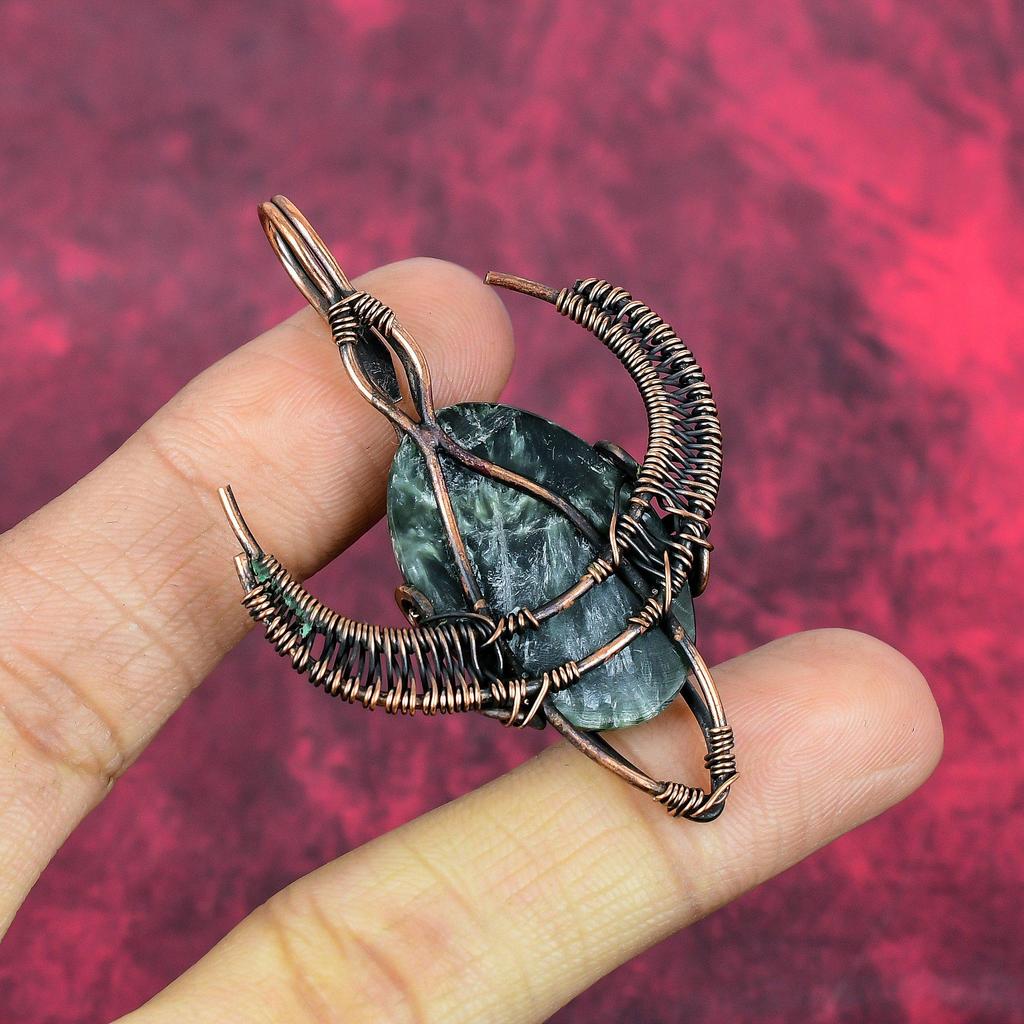 Seraphinite Pendant Copper Wire Wrapped Pendant Handmade Gemstone Pendant Bull Face Shape Pendant Copper Wire Wrap Jewelry Engagement Gifts