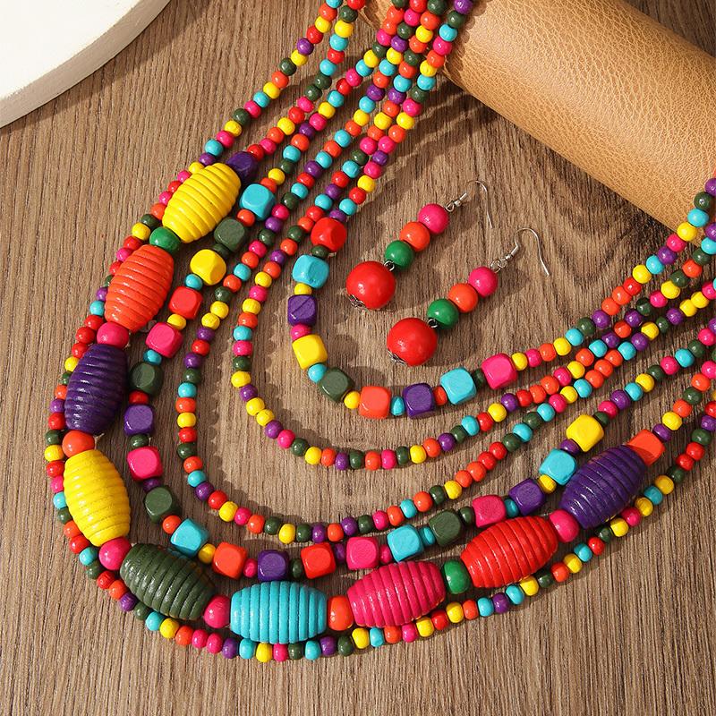 Afrikanisches Schmuckset Bohème Mehrschichtig Bunte Holzperlen Handgefertigte Perlenkette Und Ohrringe Für Damen Zubehör