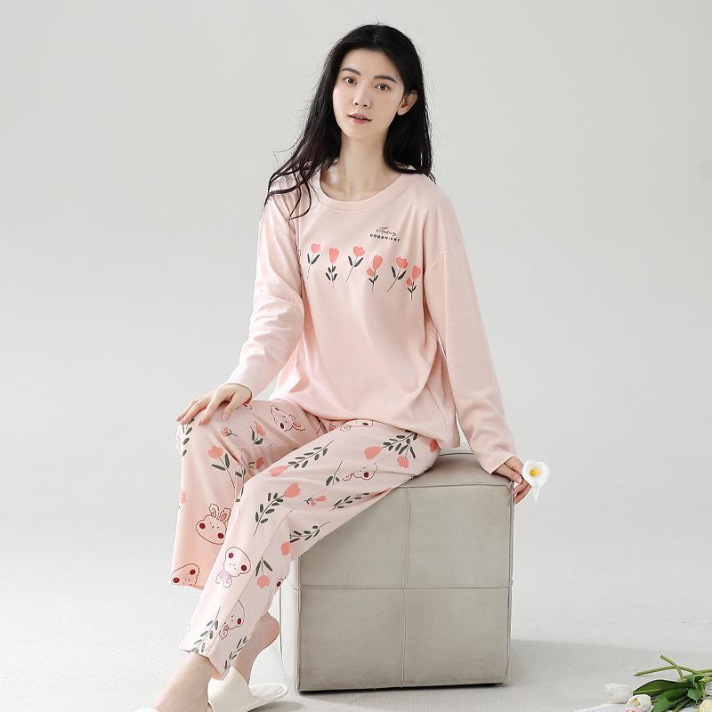 Cotton Pajamas Set Women Loose Fit Sleepwear Long Sleeve Two-Piece Loungewear Home Wear Comfortable Outfit Plus Size Options Breathable Fabric