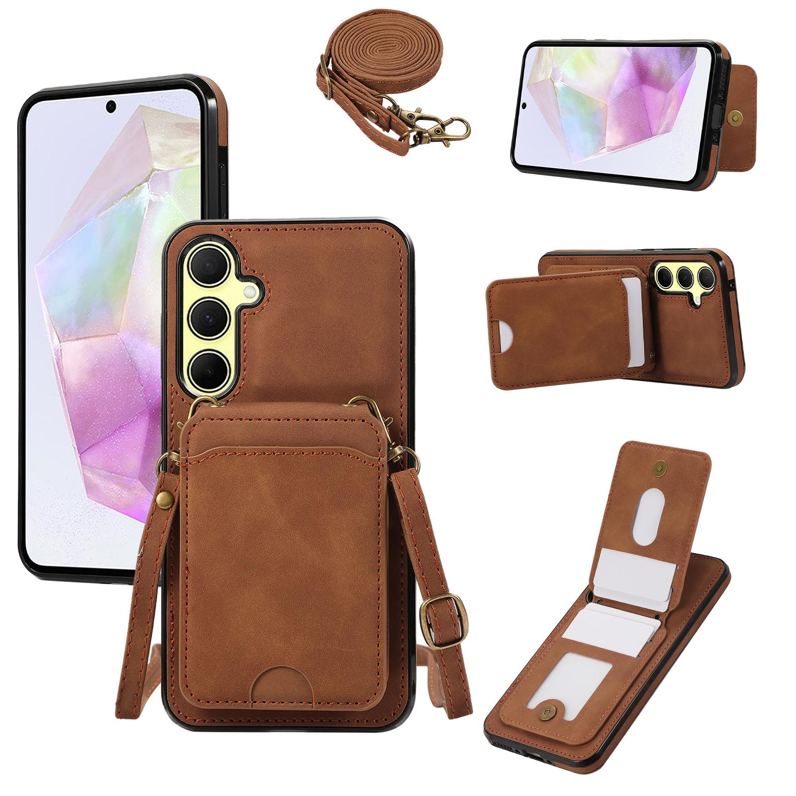 

For Samsung Galaxy A56 5G Case Card Holder Kickstand Leather+TPU Phone Cover with Shoulder Strap Brown