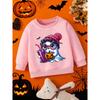 Kids Crewneck Sweatshirt, Halloween Pom-Pom Hat Ghost Print Holding Purple Drink & Jack-o'-Lantern,