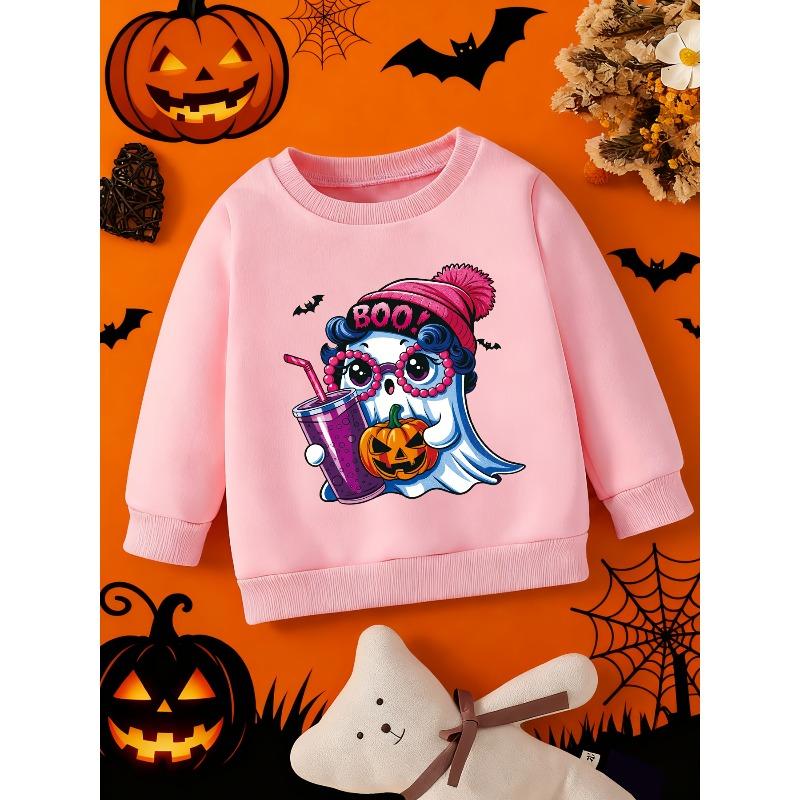 Kids Crewneck Sweatshirt, Halloween Pom-Pom Hat Ghost Print Holding Purple Drink & Jack-o'-Lantern,