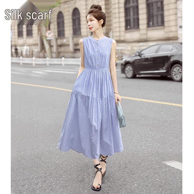 Women s Fashion Striped Sleeveless A-Line Dress L