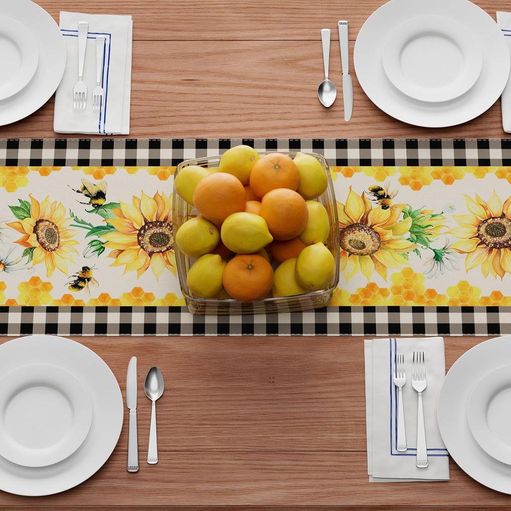 XCHI Black and White Buffalo Plaid Sunflower Daisy Bees Honey Summer Table Runner Decoration for Home Kitchen Holiday Party Farmhouse 13x72 Inch