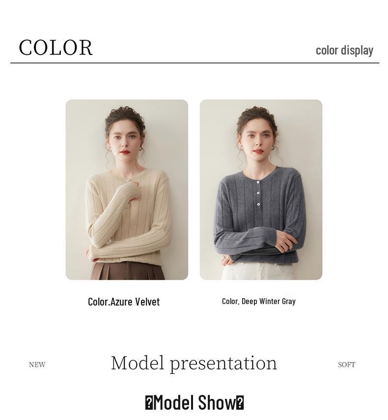 Elegant & Chic: Women's 25% Cashmere Button-Up Knit Sweater - Versatile Round Neck Base Layer