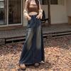 2407 Damen A-Linien-Rock aus distressed gewaschenem Denim - Retro Slim Long Fit für Frühling und Herbst