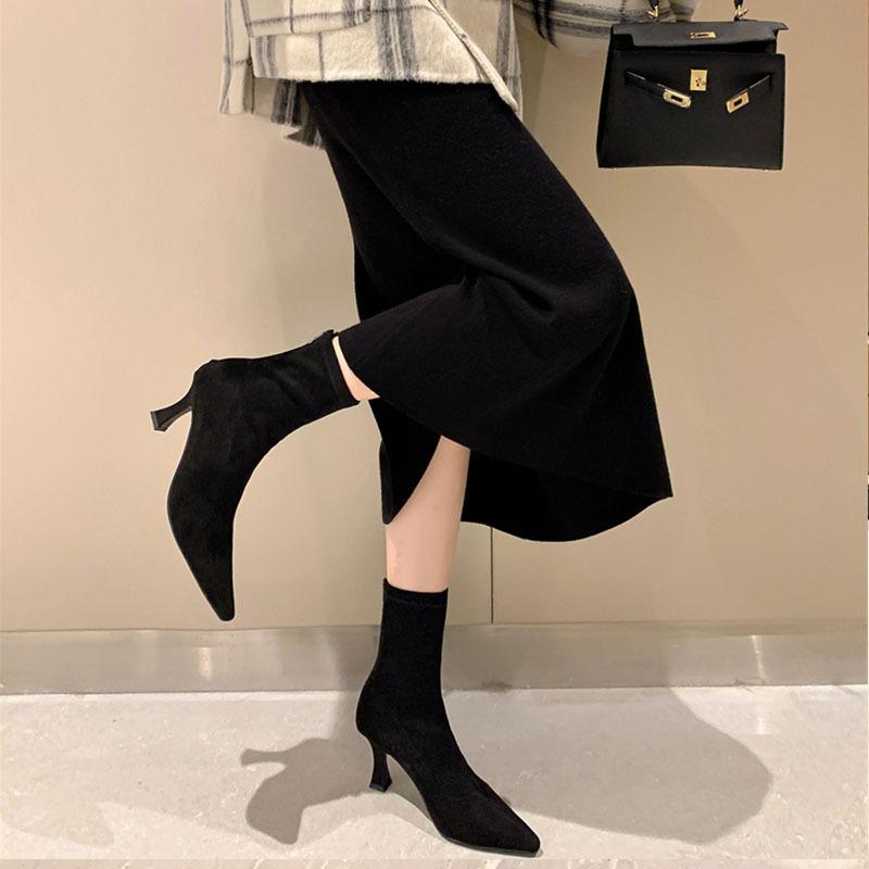Brown Short Boots Women's High-heeled Thin-heeled Suede Pointed Rear Zipper 2025 New Winter Korean Version Elastic Thin Boots