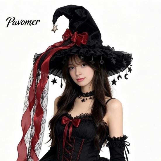 Dark Princess Style Cap Halloween Witch Hat, Gothic Wizard Costume Headpiece for Women, Spooky Velvet Cone Comic Exhibition Props Hat with Mesh Veil,