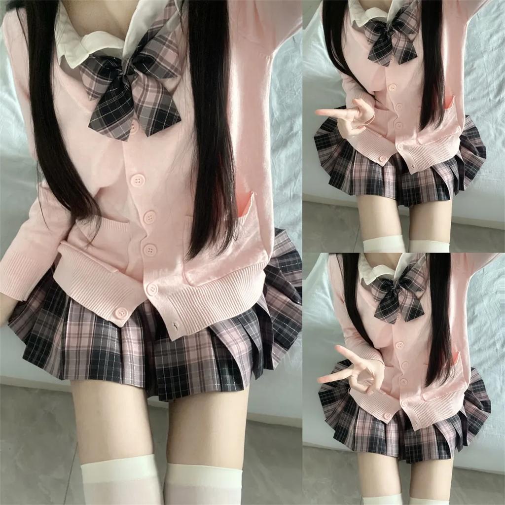 JK Uniform Frühlings- und Herbstanzug Karierter Rock Langärmliger Pullover Cardigan College-Stil Zweiteiliger Anzug