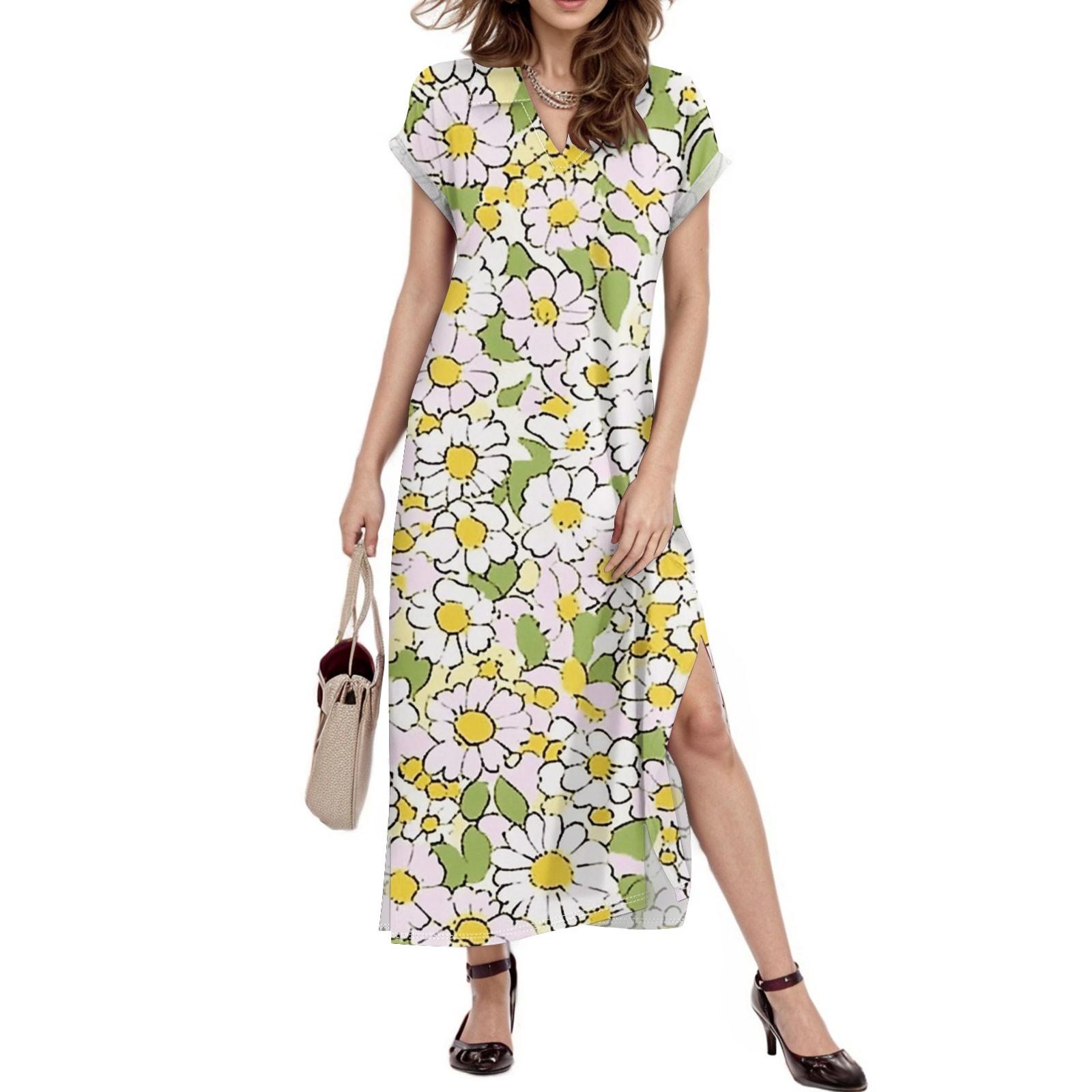 

Женское платье макси с цветочным принтом, повседневное платье-рубашка с длинным рукавом и свободным разрезом, праздничное платье с коротким рукавом XL