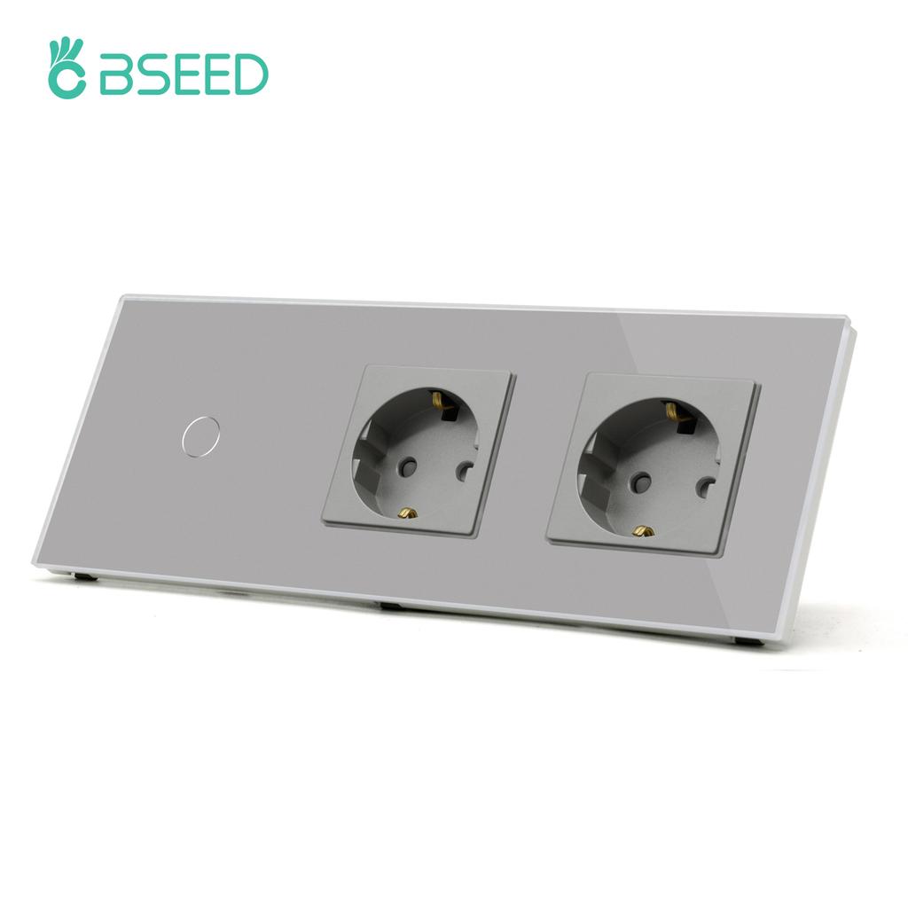 BSEED Touch Sensor Switch 1/2/3Gang 1Way Wall Light Switches Crystal Glass Switch With Double Power Sockets EU Standard
