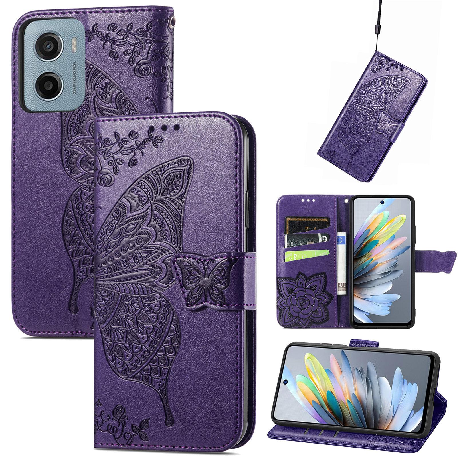 

For Motorola Moto G05 4G Case with Strap Butterfly Pattern PU Leather Wallet Phone Cover Dark Purple
