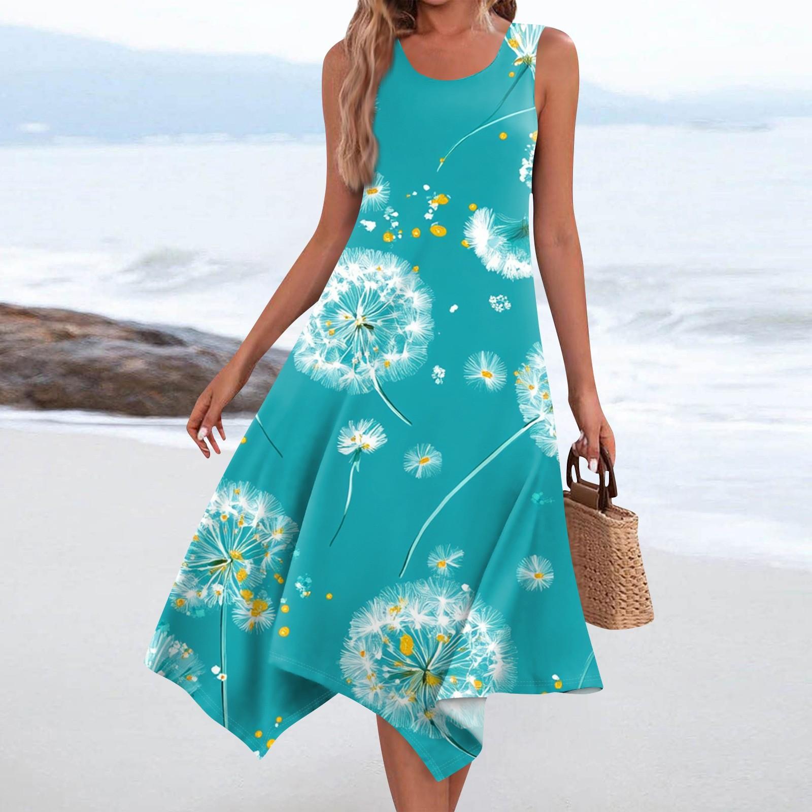 

Женское повседневное модное платье средней длины с круглым вырезом без рукавов с винтажным цветочным принтом и неровным подолом L