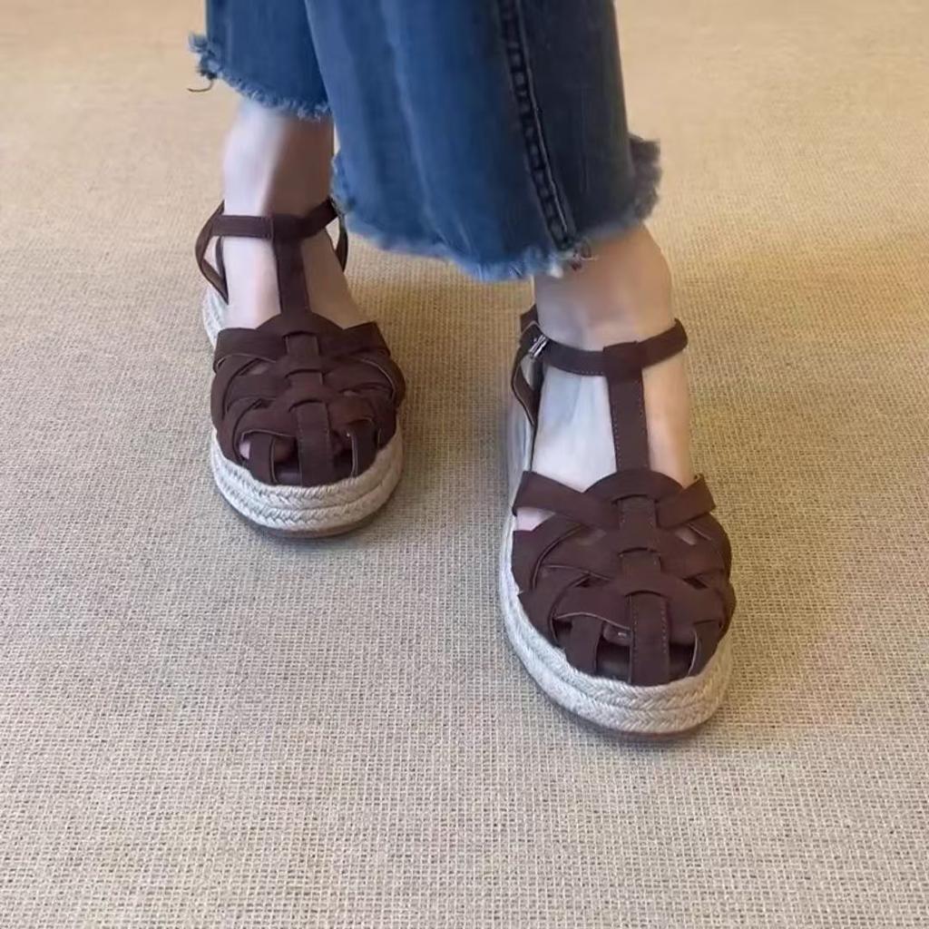 2025 New Summer Popular Retro Style Cross Belt Bag Head Slope Heel Not Tired Feet Super Soft Roman Sandals Women's Outer Wear