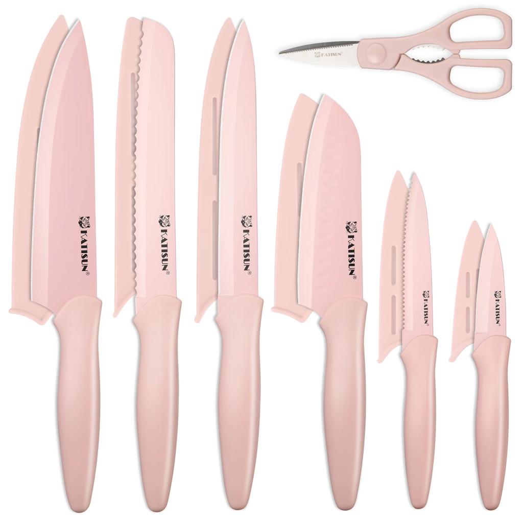 7 Pieces Pink Coding Carbon Steel Kitchen Knife Set with with Scissors and Sheaths