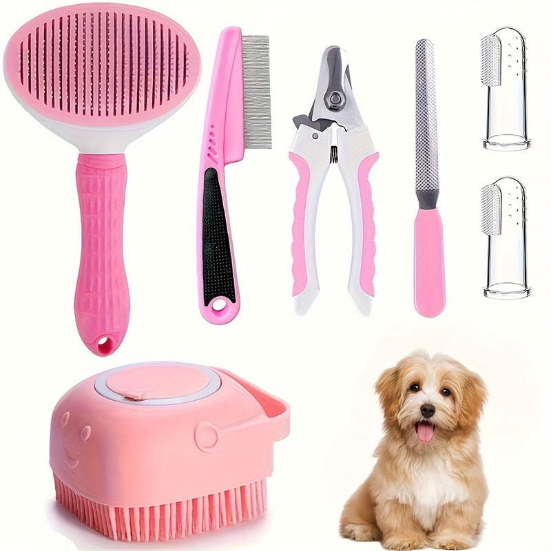 10-piece Cat and Dog Brush Beauty Set, Self-cleaning Rake Brush, Nail Clipper, Flea Comb, Bath Brush, Finger Cots