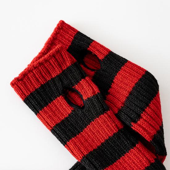 Women Arm Warmer Thumbhole Design Elbow Length Stretchy Knitted Arm Sleeves Red-Black Striped Half Finger Arm Gloves Cosplay Gloves Halloween Costume
