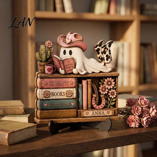 Unique Halloween Gift for Friends Reading Ghost Figurine, Retro Wooden Statue, Vintage Desktop Healing Atmosphere Home Art Ornament with Stacked Book
