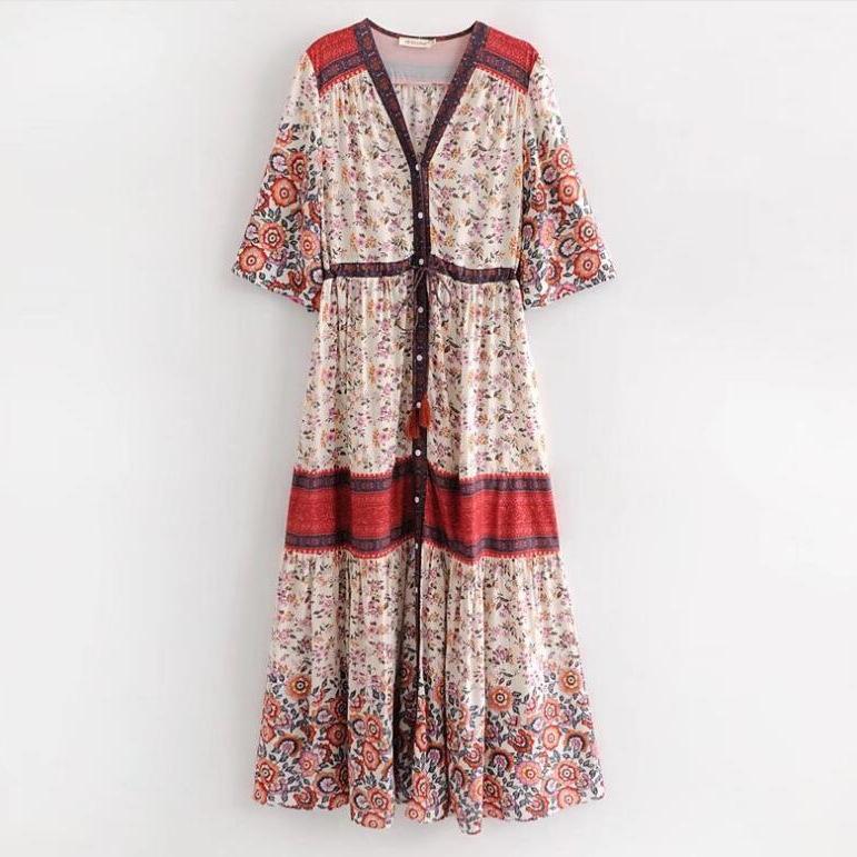 GMXIA Summer Spring Bohemian Patchwork Maxi Single-breasted Cardigan Vintage Dress
