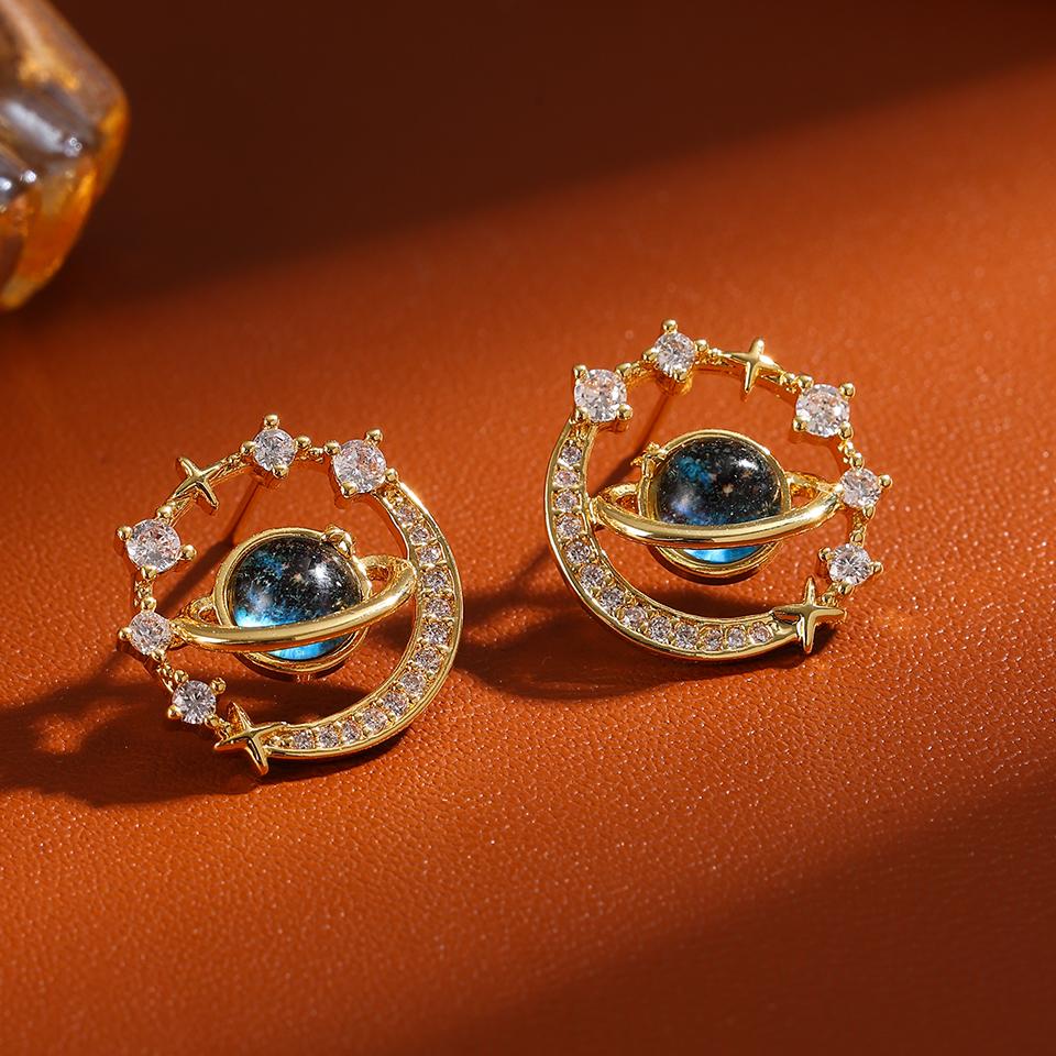 ZAKOL New Universe Planet Shiny Zircon Stud Earrings for Women Korean Fashion Aesthetic Zircon Ear Accessories
