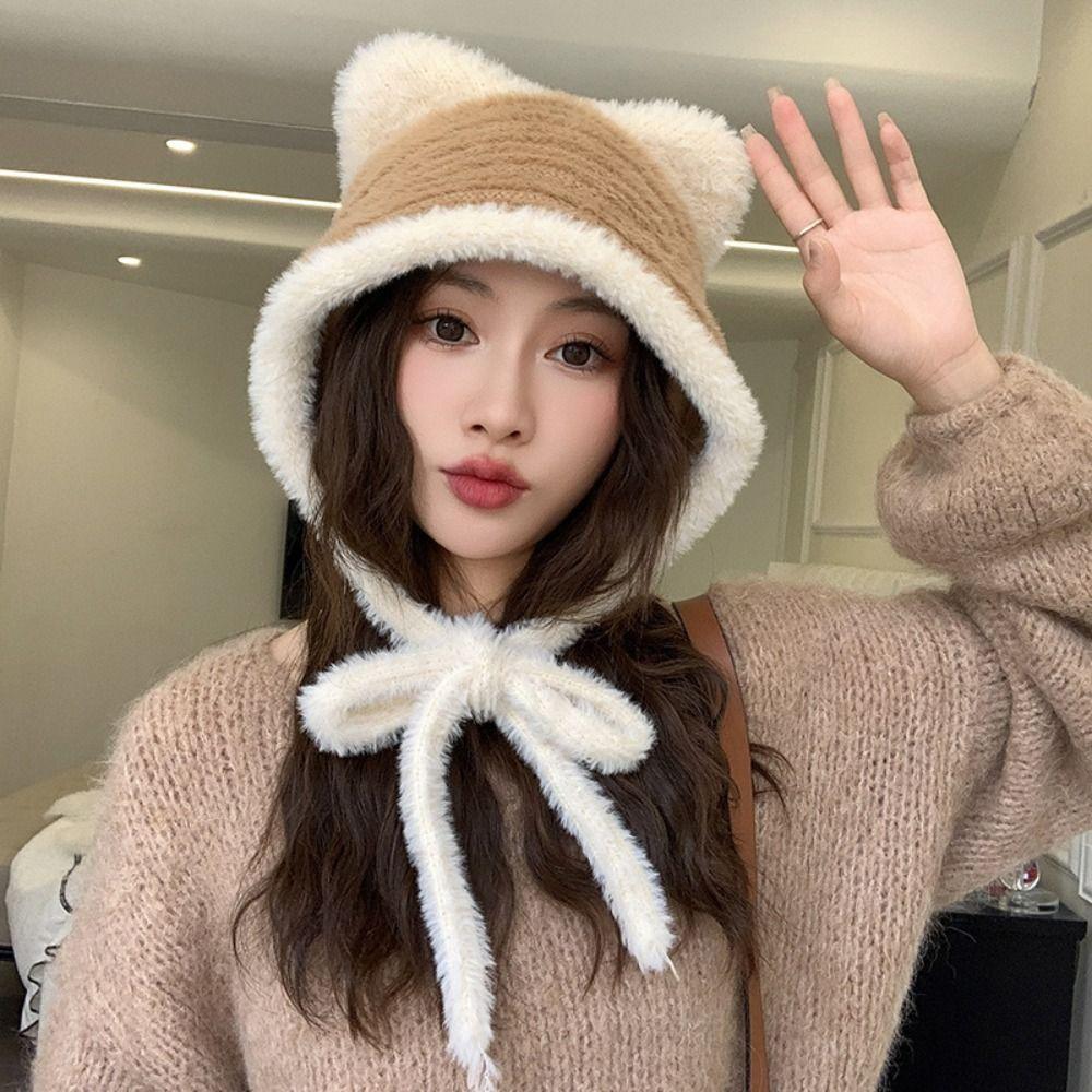 

Plush Cute Cat Ear Hat Warm Women Fluffy Hats Fashion Faux Fur Bucket Hat Girls