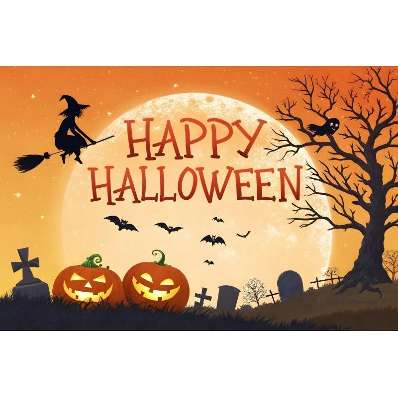 

1pc Orenge Halloween Party Backdrop Moon Pumpkin Bats Witch Dustproof Banner for Halloween Themed Party Background Decoration 100x150cm