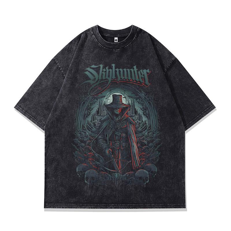 High Street Trendy Brand Vintage Skull Print Men'S T-Shirt Small Neckline Loose Wash Old Short Sleeves