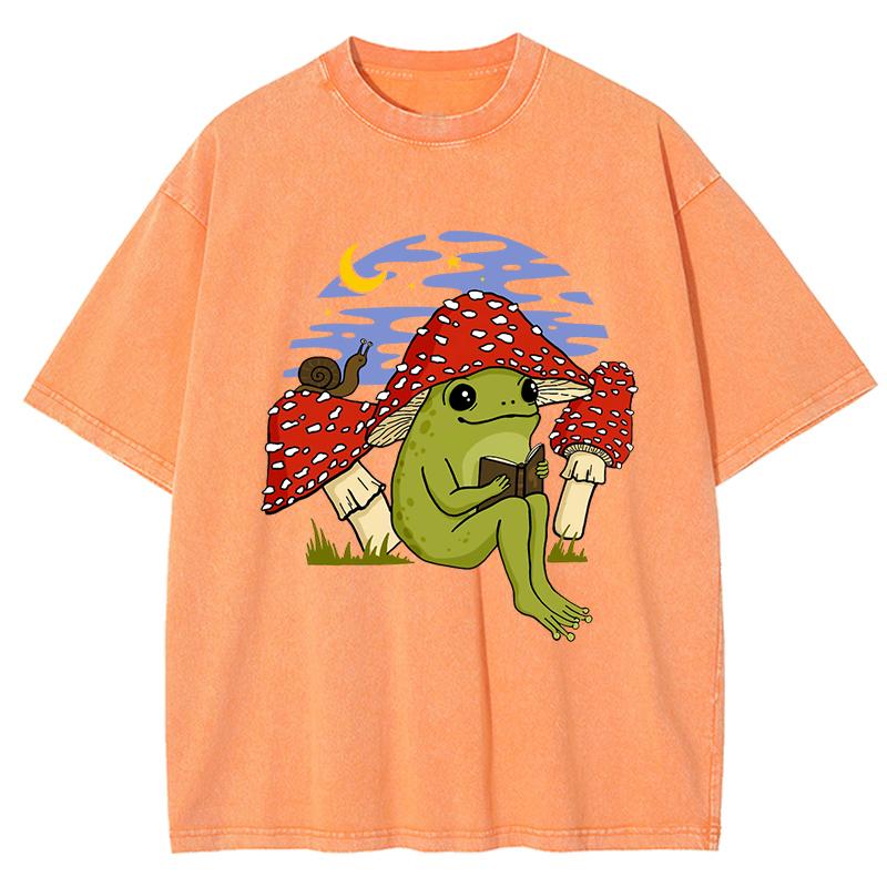 Cute Frog Mushroom Hat Reading Book Print Washed T-Shirt Women Jogging Cotton T Shirts Vintage Clothes Loose Short Sleeve