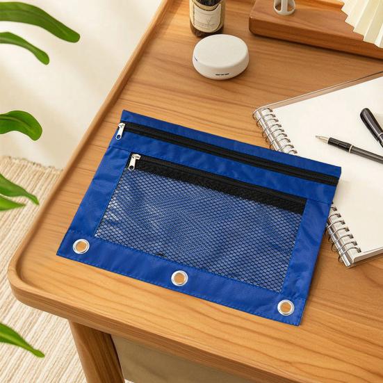 B5 3 Ring Binder Pouch, Oxford Fabric File Bag with Clear PVC Window, Zipper Pen Case for Office School, Portable Document Organizer