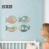 Ocean Theme Wall Decorations for Bedroom 4Pcs Wooden Hanging Fish Art, Coastal Bathroom Plaque with Nautical Handcrafted Art Living Room Bedroom,