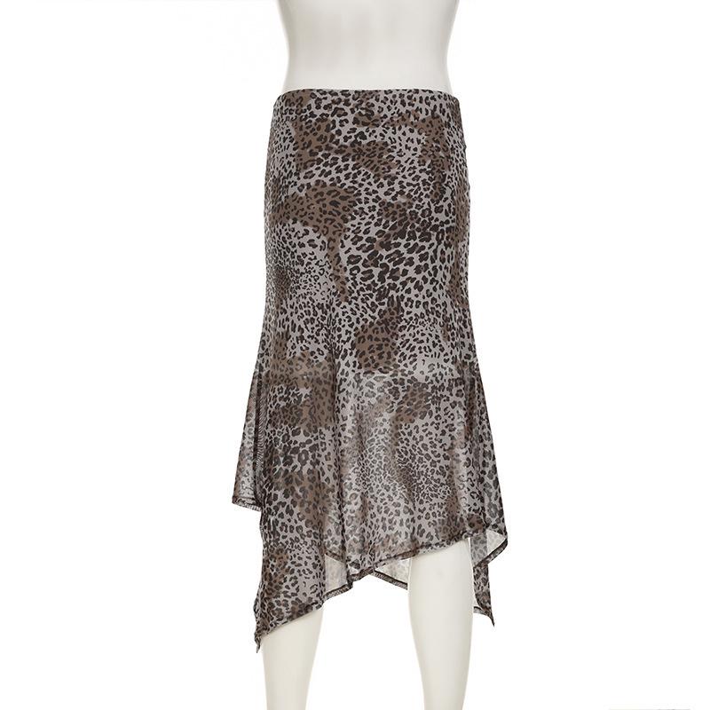 Podzim/Zima 2024 Evropský a Americký Styl Síťovaná Nepravidelná Dlouhá Sukně s Leopardím Vzorem
