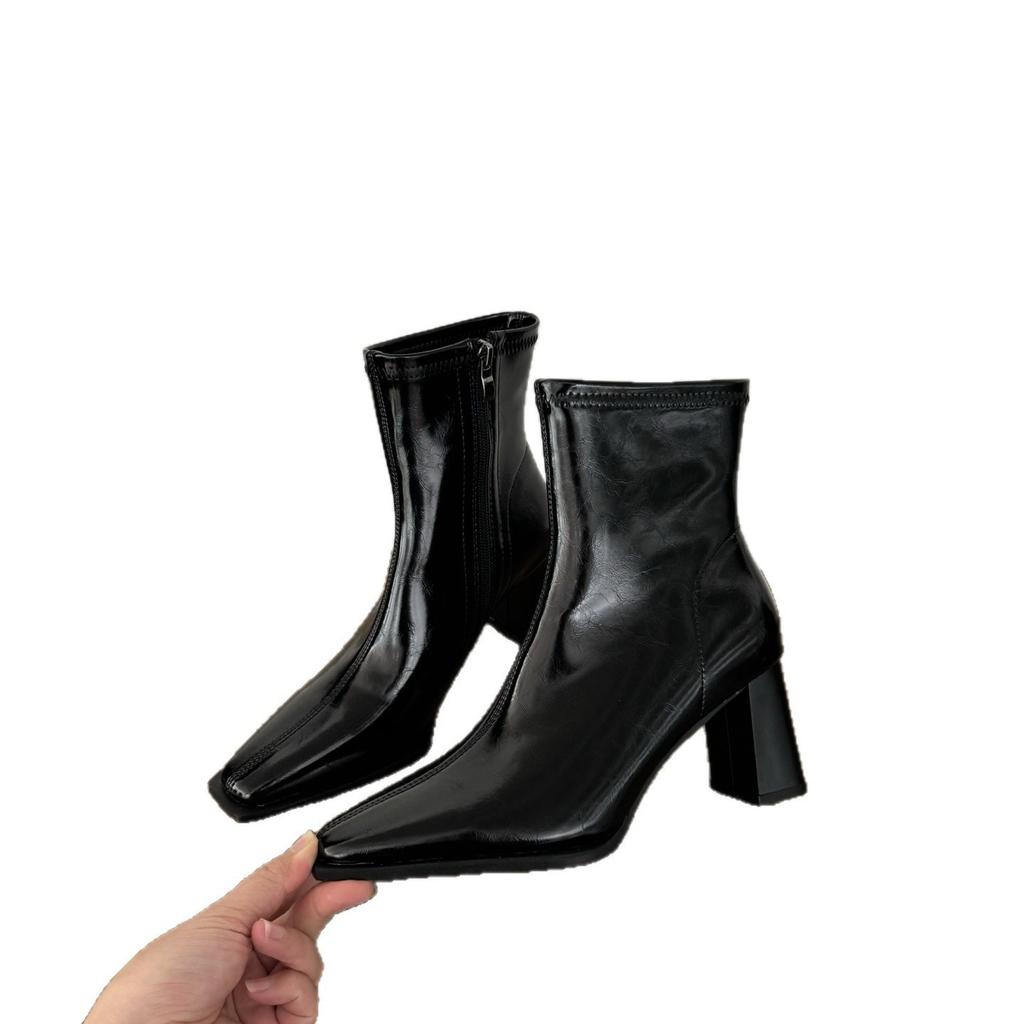 Korean version of retro niche square head thick heel short boots for women 2025 autumn and winter new thin boots fashion boots for women